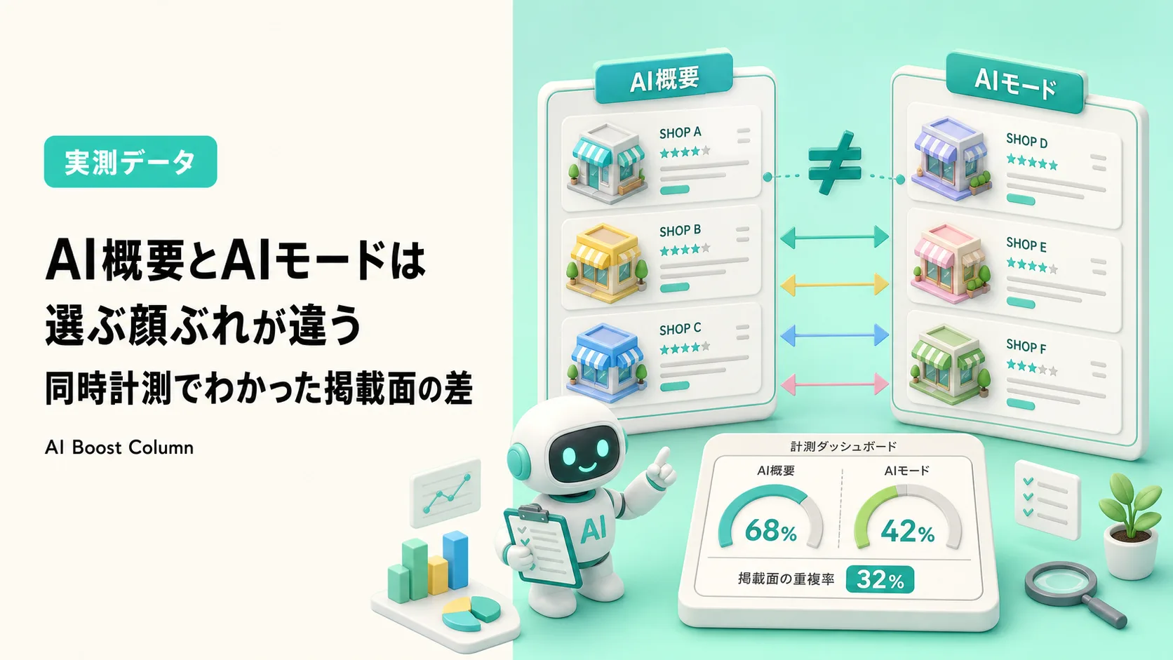AI概要とAIモードで紹介されるブランドの顔ぶれが一部違うことを表したアイキャッチ画像