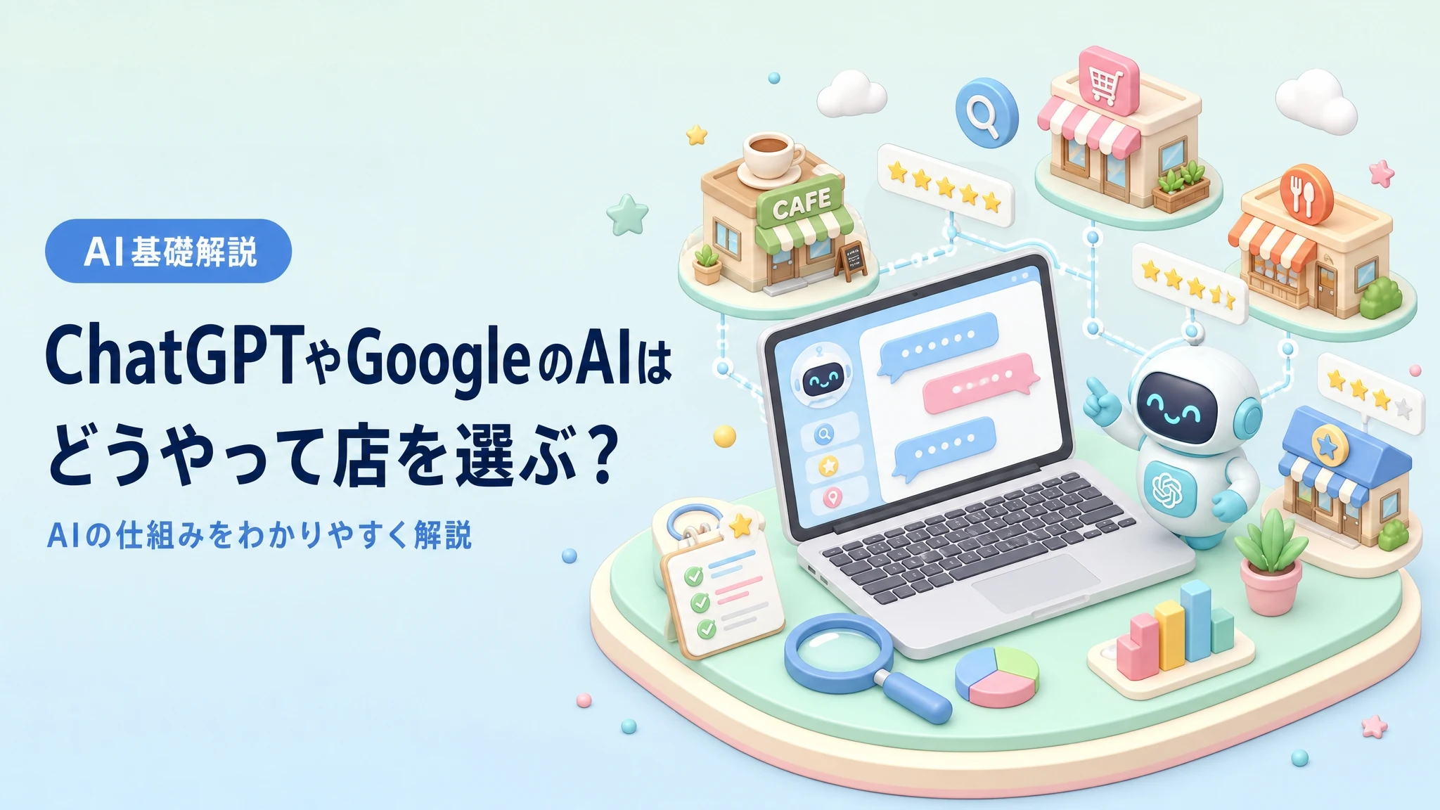 ChatGPTやGoogleのAIがおすすめの店を選ぶ仕組みを解説するアイキャッチ